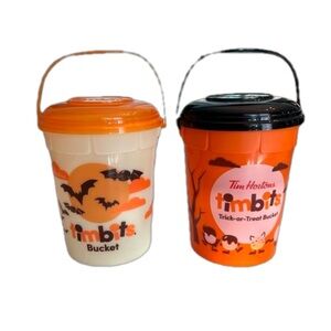 Two Tim Horton’s Halloween Plastic Trick or Treat Lidded Bucket One Glow in Dark